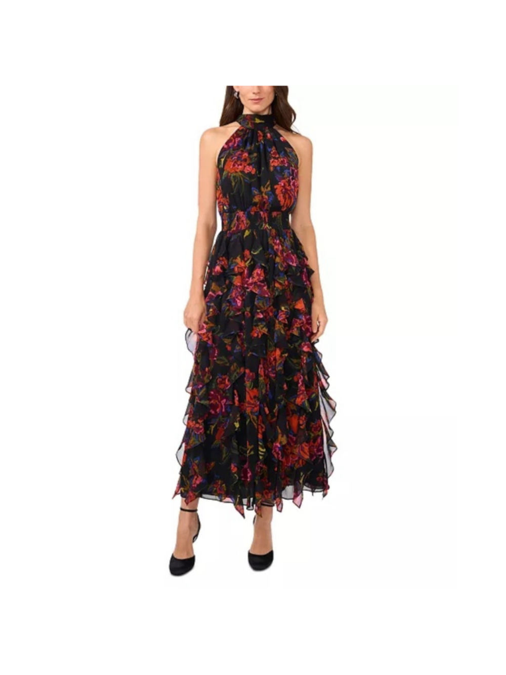 1. State Women's Floral Smocked Cascade Ruffle Halter Maxi Dress tiers red small